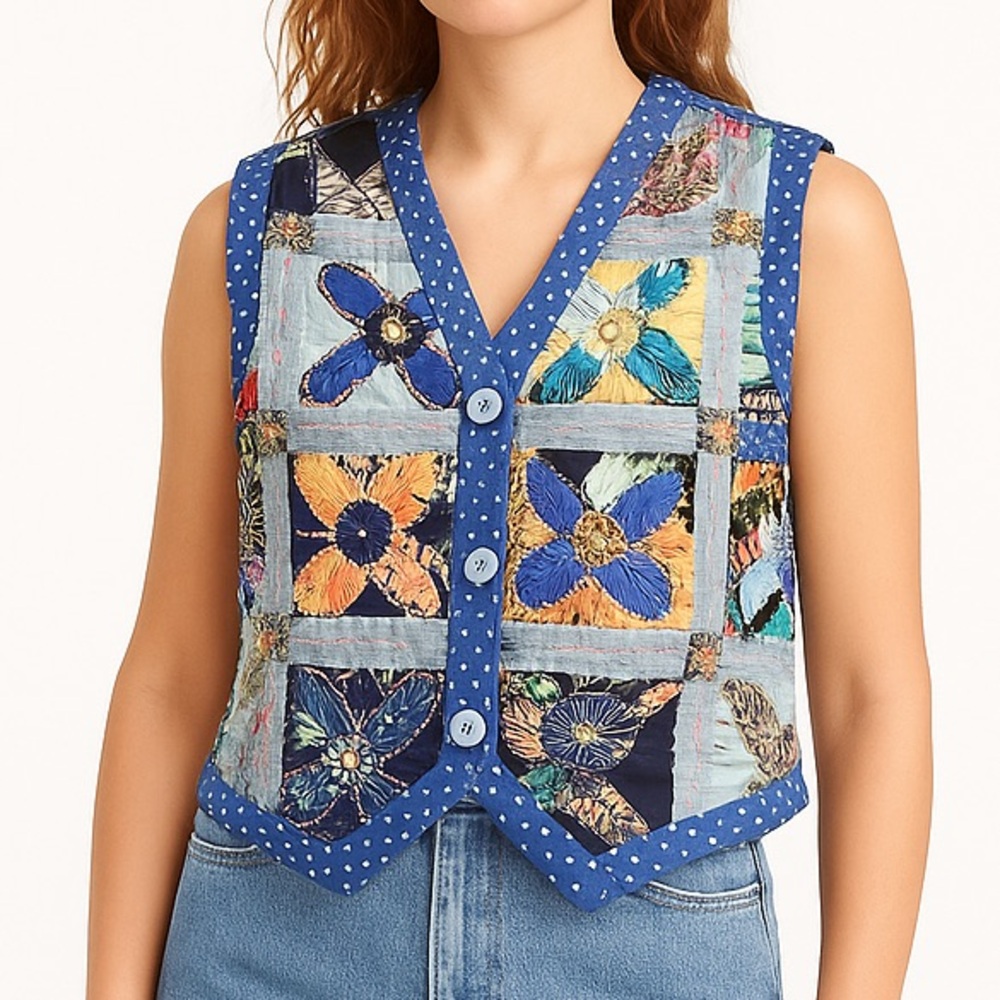Halsey Collection Patchwork Floral Boho Vest Button-Up Blue Polka Dot Size Large